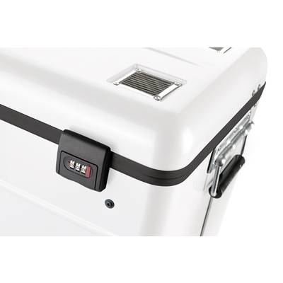 Weiße Transportbox mit Zahlenschloss, Metallgriffen und Lüftungsschlitzen. Geeignet für sicheren Transport empfindlicher Gegenstände.