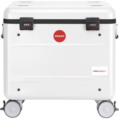 Weiße Transportbox auf Rollen mit zwei Zahlenschlössern, rotem 'PARAT'-Logo und 'PARAPROJECT'-Schriftzug.