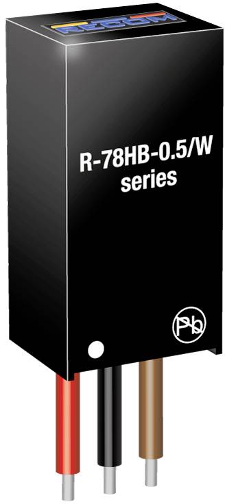 Ein rechteckiger, schwarzer Spannungsregler mit der Aufschrift 'R-78HB-0.5/W series' und drei farbigen Anschlussdrähten.