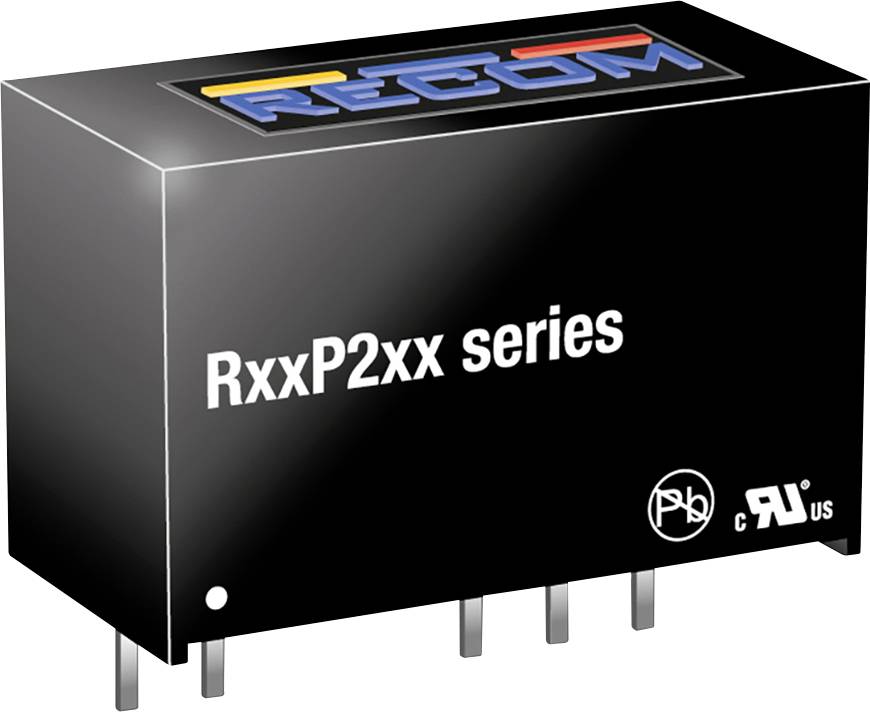 'RxxP2xx series' schwarzes elektronisches Bauteil mit mehreren Anschlusspins, auf dem oben farbige Streifen und das Wort 'RECOM' sichtbar sind.