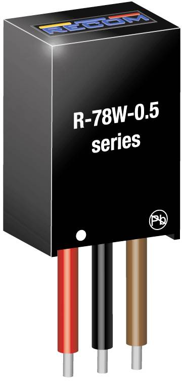Spannungswandler der Serie R-78W-0.5 mit drei Kabeln in Rot, Schwarz und Braun, geeignet für elektronische Anwendungen.