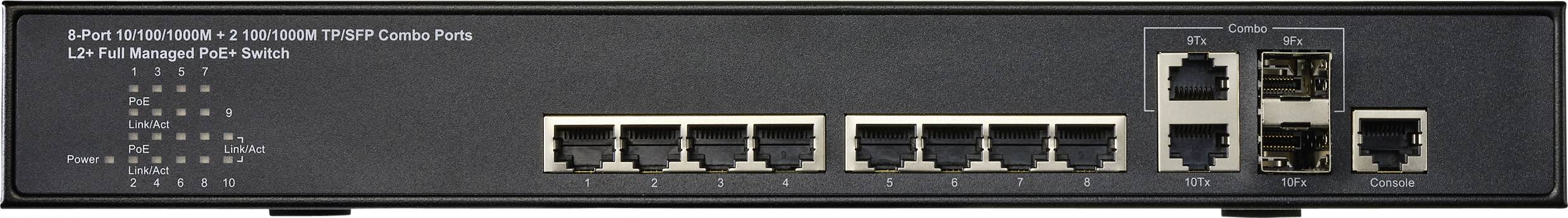 Ein schwarzer Netzwerk-Switch mit acht Ethernet-Ports und zwei Glasfaseranschlüssen. Beschriftungen zeigen Portnummern und Funktionen.