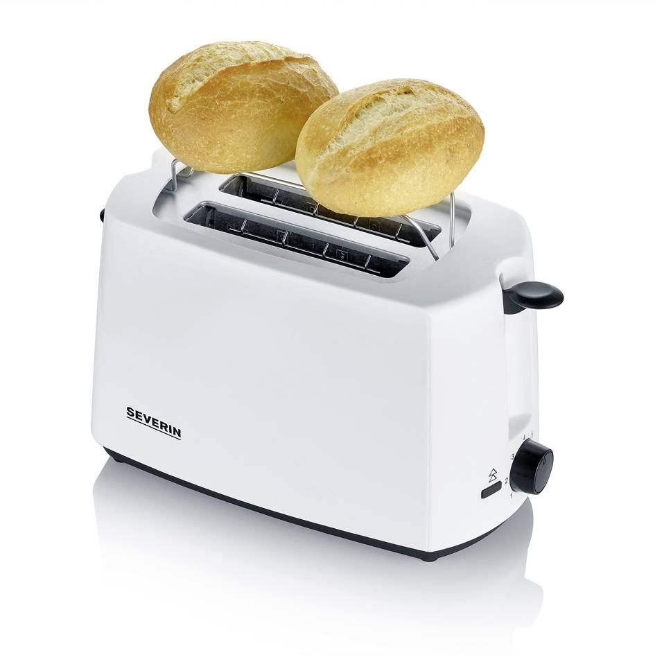 Ein weißer Toaster auf einer Arbeitsfläche röstet zwei goldbraune Brötchen. Die Marke 'Severin' ist auf der Vorderseite sichtbar.