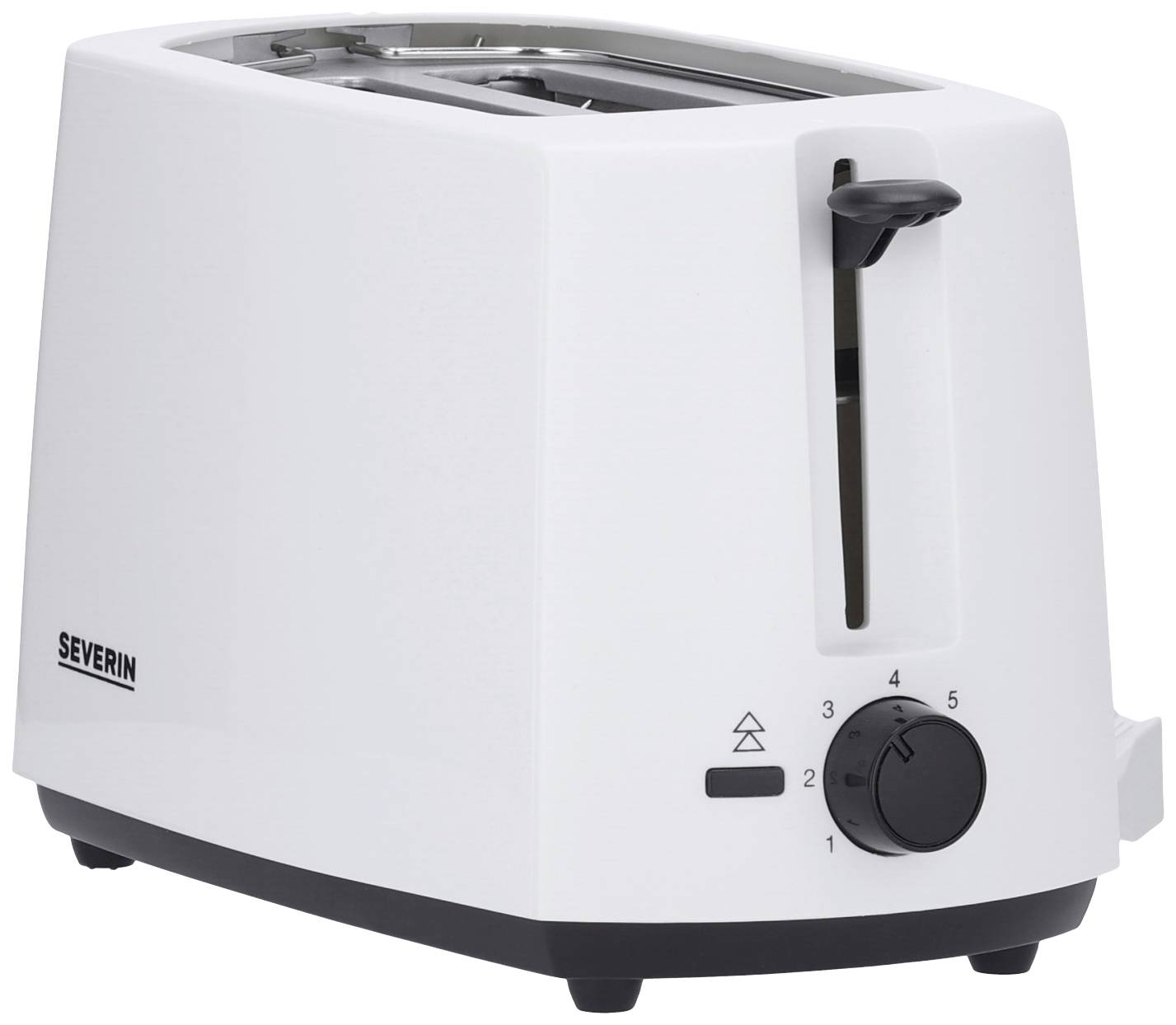 Ein weißer Toaster mit Bräunungsstufeneinstellung von 1 bis 6 und einem Hebel zum Herunterdrücken der Brotscheiben.