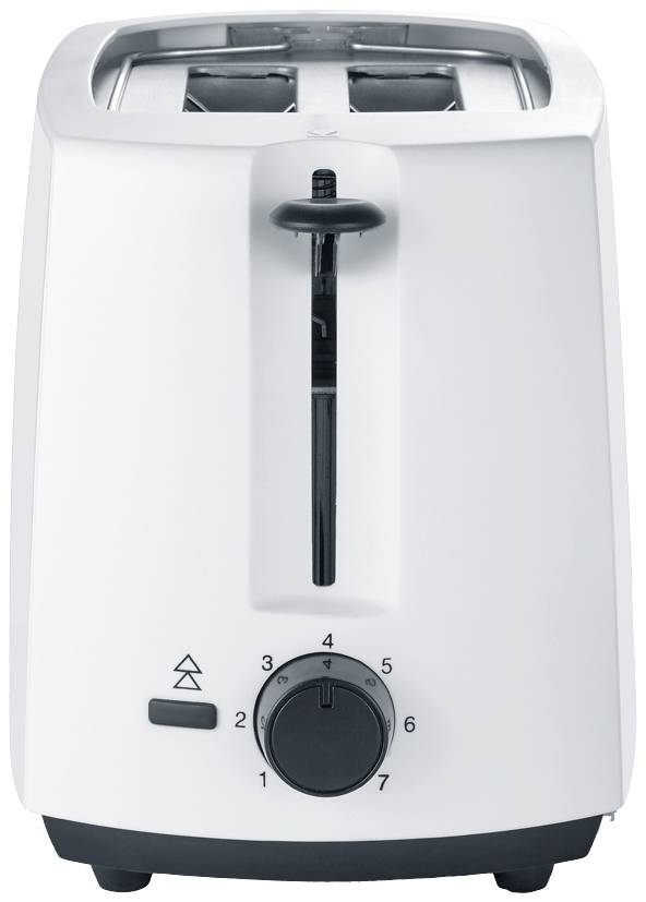Ein weißer Toaster mit zwei Schlitzen und einstellbarem Bräunungsgrad-Regler auf der Vorderseite.