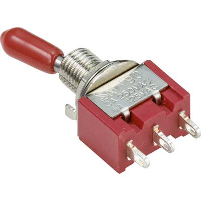 'Ein roter Kippschalter mit der Beschriftung SM790, 3A 250VAC, 5A 125VAC, mit drei Metallanschlüssen.'