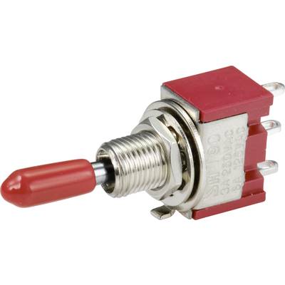 Ein roter Kippschalter mit Metallgewinde und drei Anschlussstiften, typisch für elektronische Geräte oder DIY-Projekte.