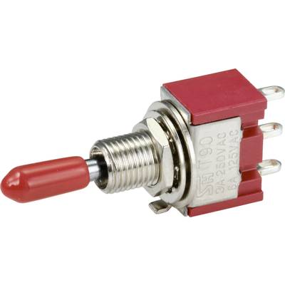 Ein roter Kippschalter mit Metallgewinde und drei Anschlussklemmen, geeignet für elektrische Geräte.