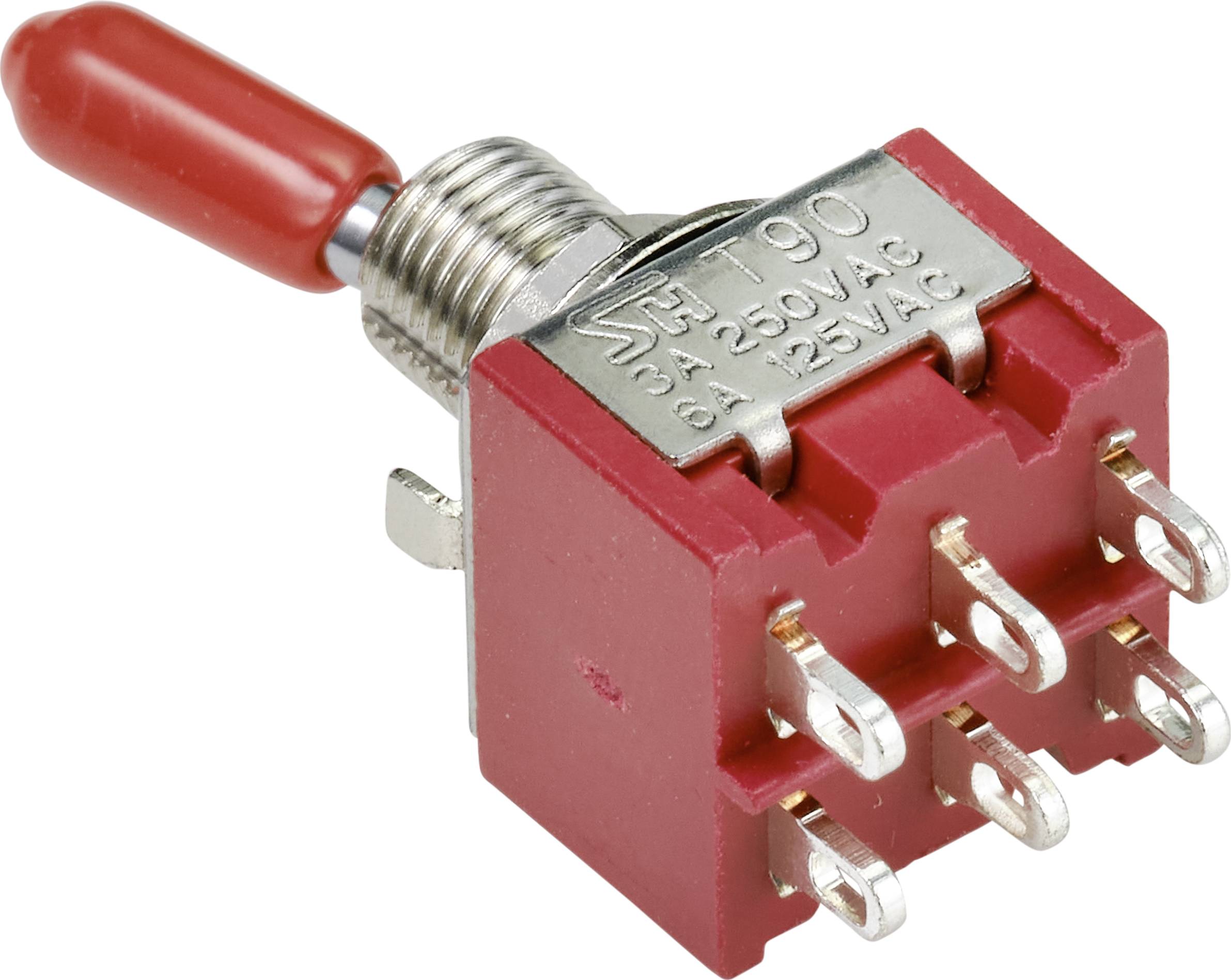 Ein roter Kippschalter mit Metallfassung und sechs Anschlüssen, geeignet für 3A/250VAC oder 6A/125VAC-Anwendungen.