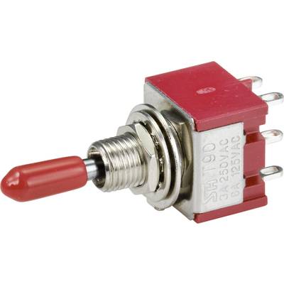 Ein Kippschalter mit rotem Hebel, Metallgehäuse und drei Anschlüssen für elektrische Verbindungen. Geeignet für 250V und 6A.