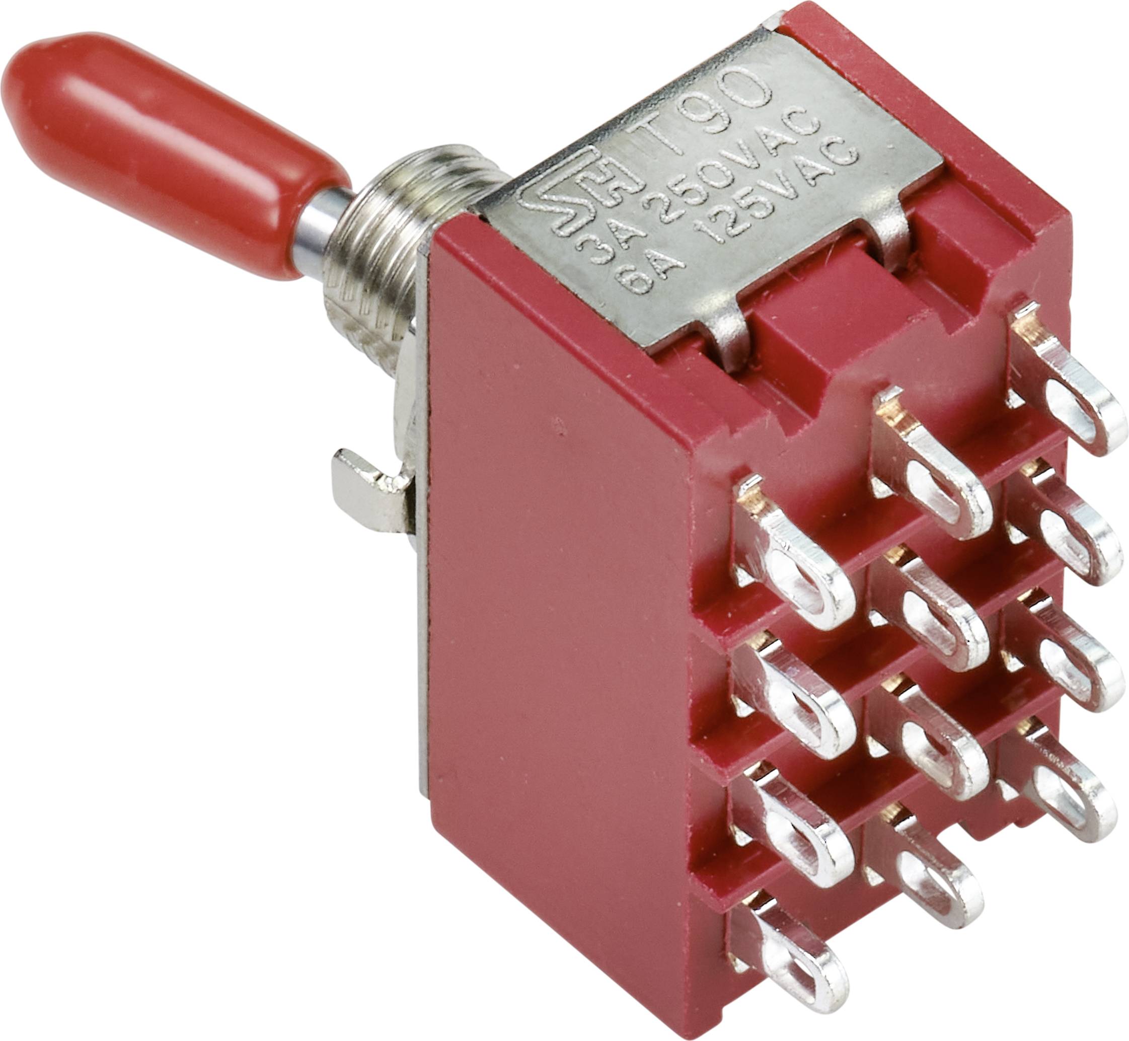 Roter Kippschalter mit metallischer Spitze und mehreren Anschlussstiften. Geeignet für Spannung bis 250 VAC und Strom bis 3 A.