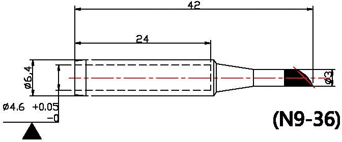 Technische Zeichnung eines zylindrischen Bauteils mit den Maßen: Gesamtlänge 42, Länge 24, Durchmesser 6,4, Spitze 3.