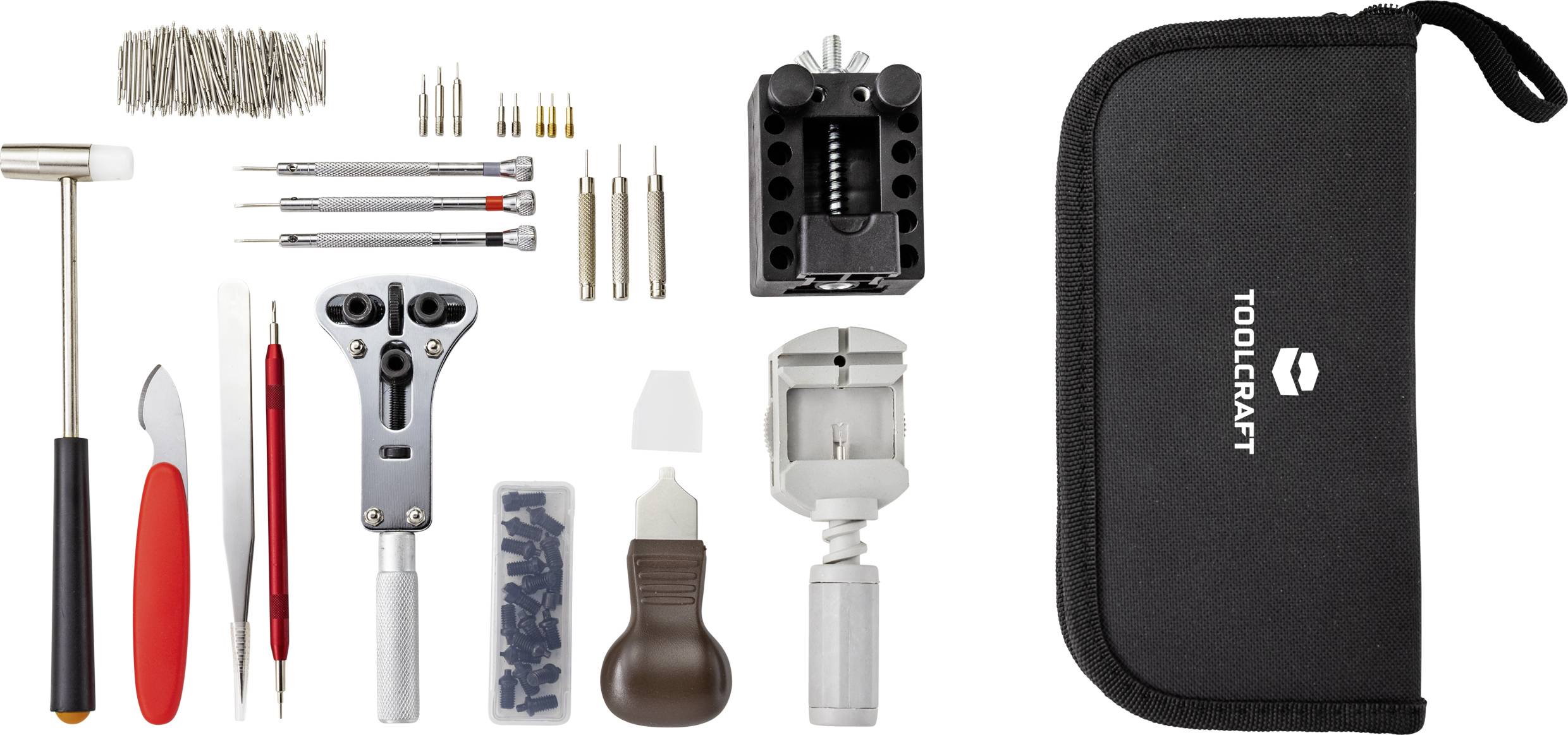 'Uhrmacher-Werkzeugset' bestehend aus Hammer, Schraubenziehern, Stiften, Uhrhalter, Gehäuseöffner und Tasche. Ideal für Reparaturen.