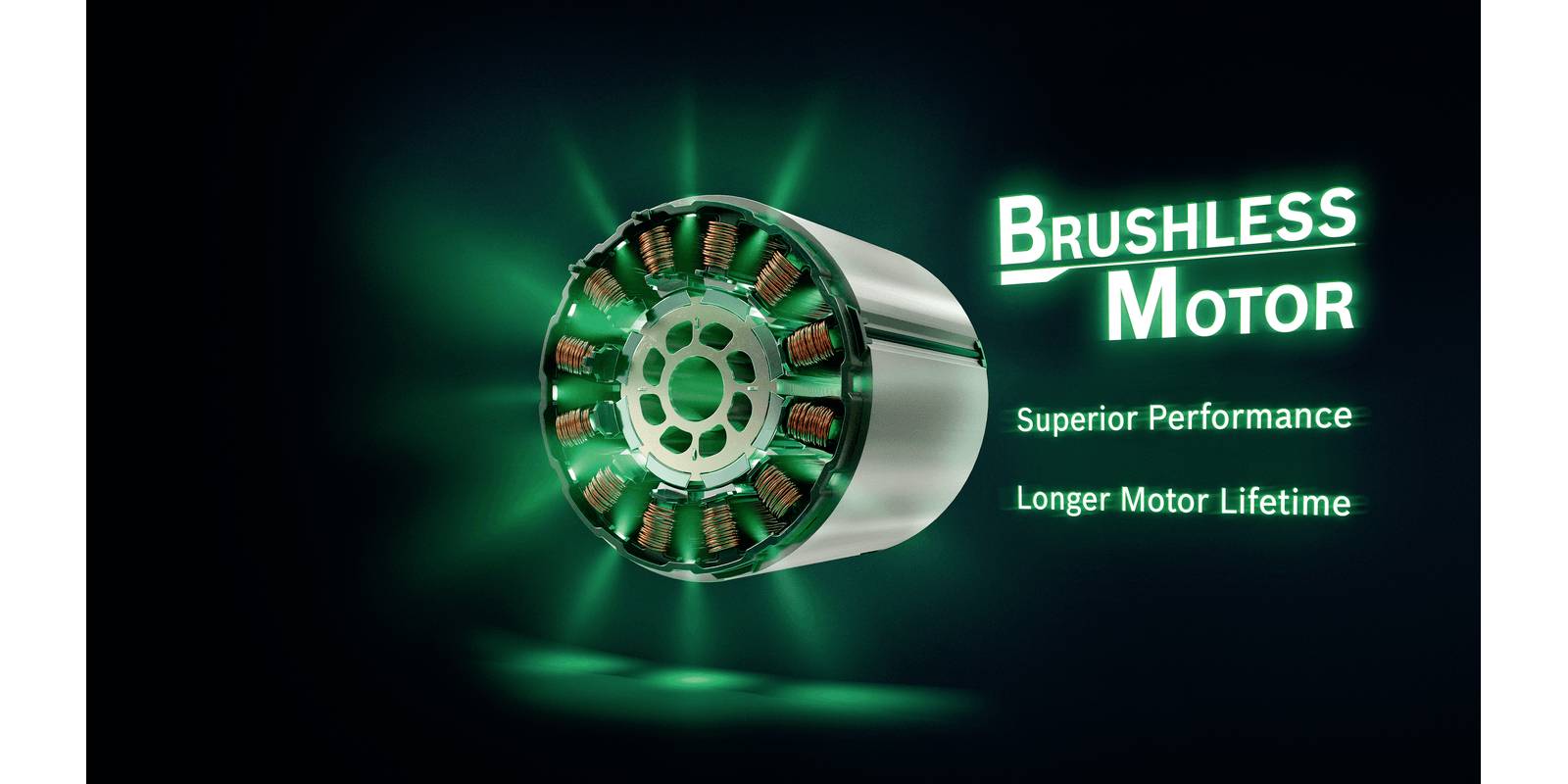 'Brushless Motor' neben einem leuchtenden Elektromotor. Text: 'Superior Performance', 'Longer Motor Lifetime'. Darstellt technische Vorteile.