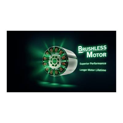 'Brushless Motor' neben einem leuchtenden Elektromotor. Text: 'Superior Performance', 'Longer Motor Lifetime'. Darstellt technische Vorteile.