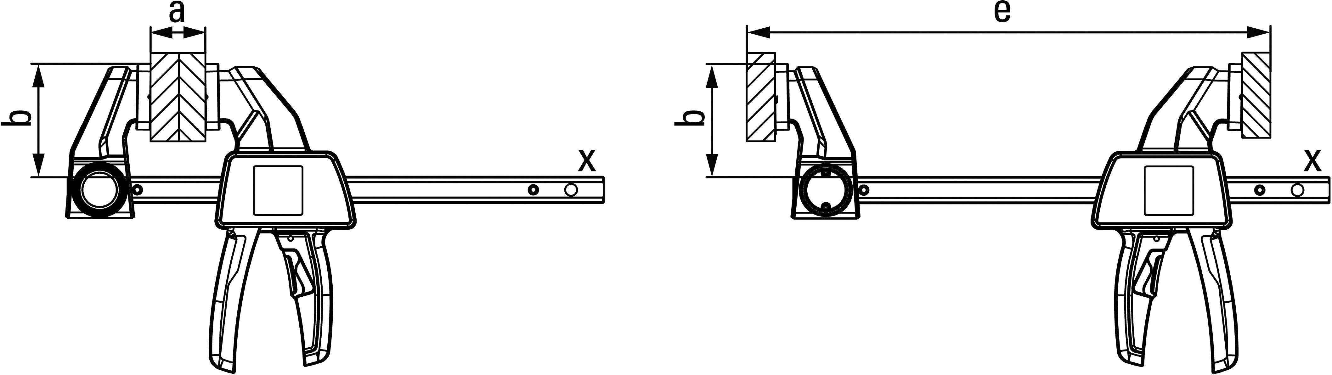 Zwei schematische Darstellungen von Schraubzwingen. Links: Maße a, b und x sind markiert. Rechts: Maße b, e und x sind markiert.