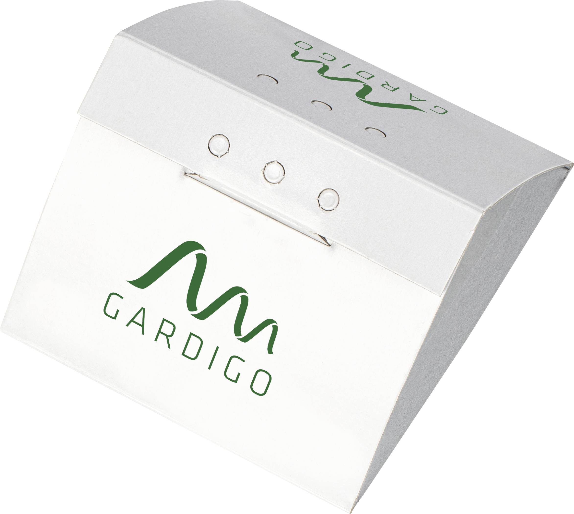 Weiße Kartonbox von Gardigo, zeigt das grüne Logo des Unternehmens. Verpackung für ein Produkt, möglicherweise im Bereich Schädlingsbekämpfung.