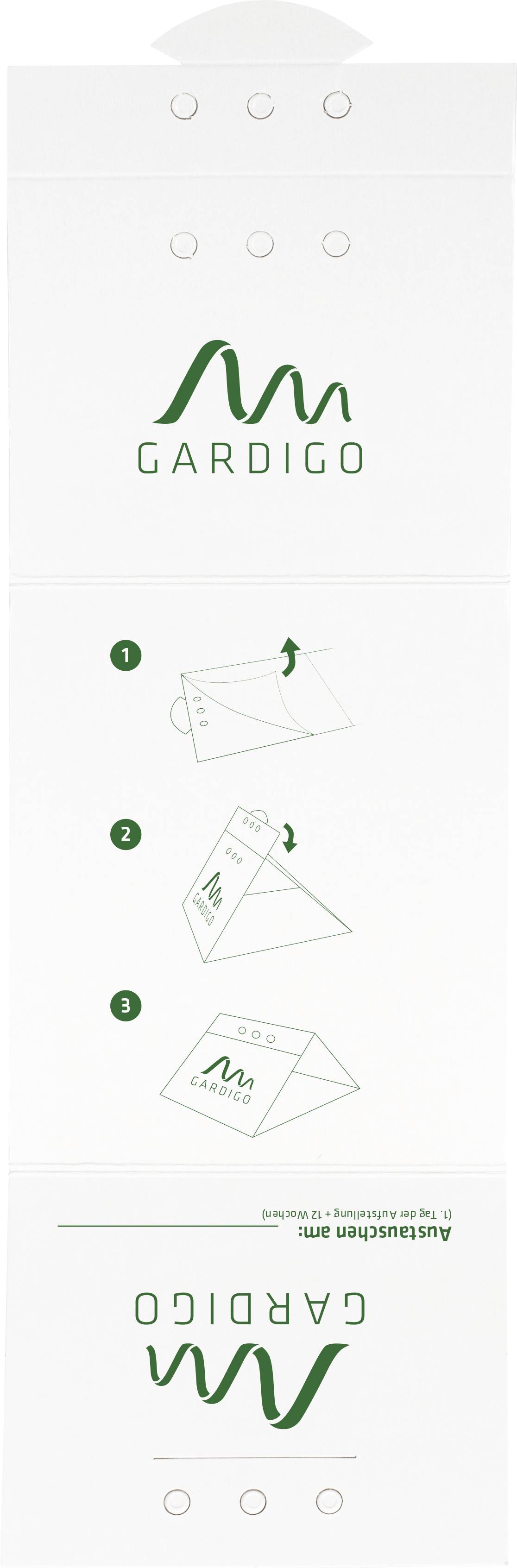 Verpackungsanleitung für das Gardigo-Produkt mit drei Schritten: 1. Lasche heben, 2. Falten, 3. Mit Produkt verwenden.