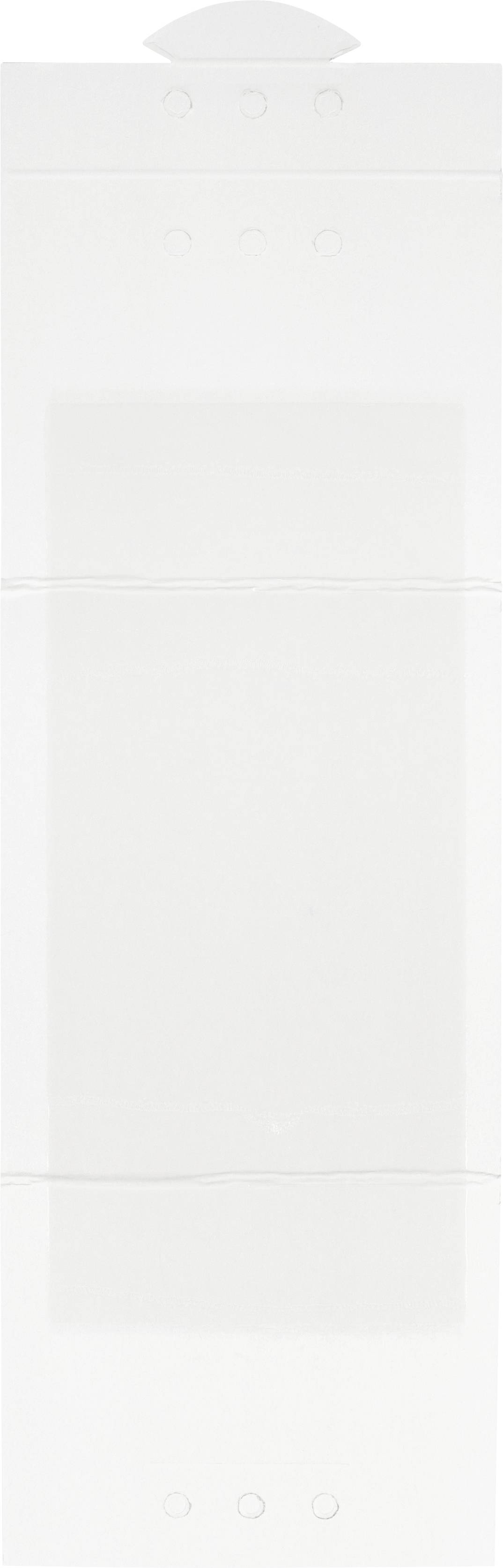 Ein weißer, länglicher Gegenstand mit abgerundeten Kanten und drei Kreisen am unteren Rand auf einem weißen Hintergrund.