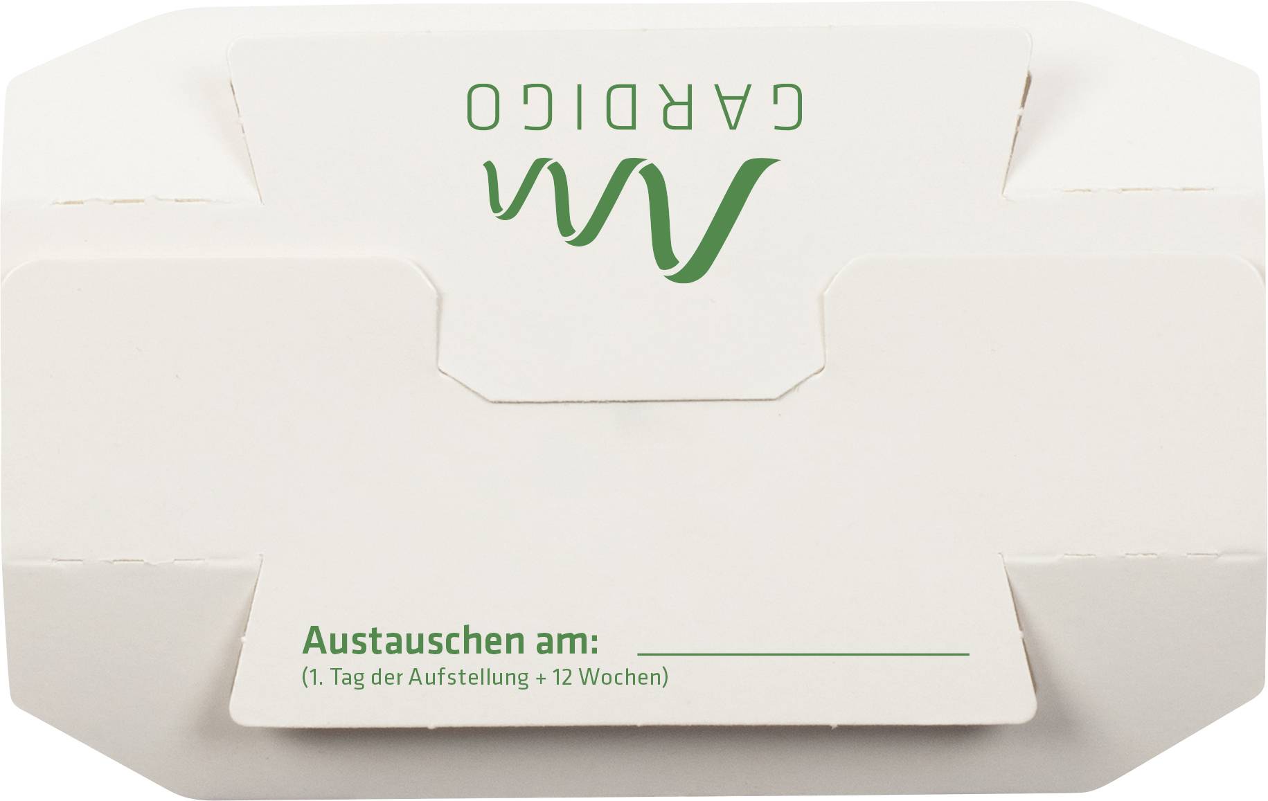 Weiße Verpackung mit grünem 'Cardioc'-Logo. Text: 'Austauschen am: (1. Tag der Aufstellung + 12 Wochen)'.