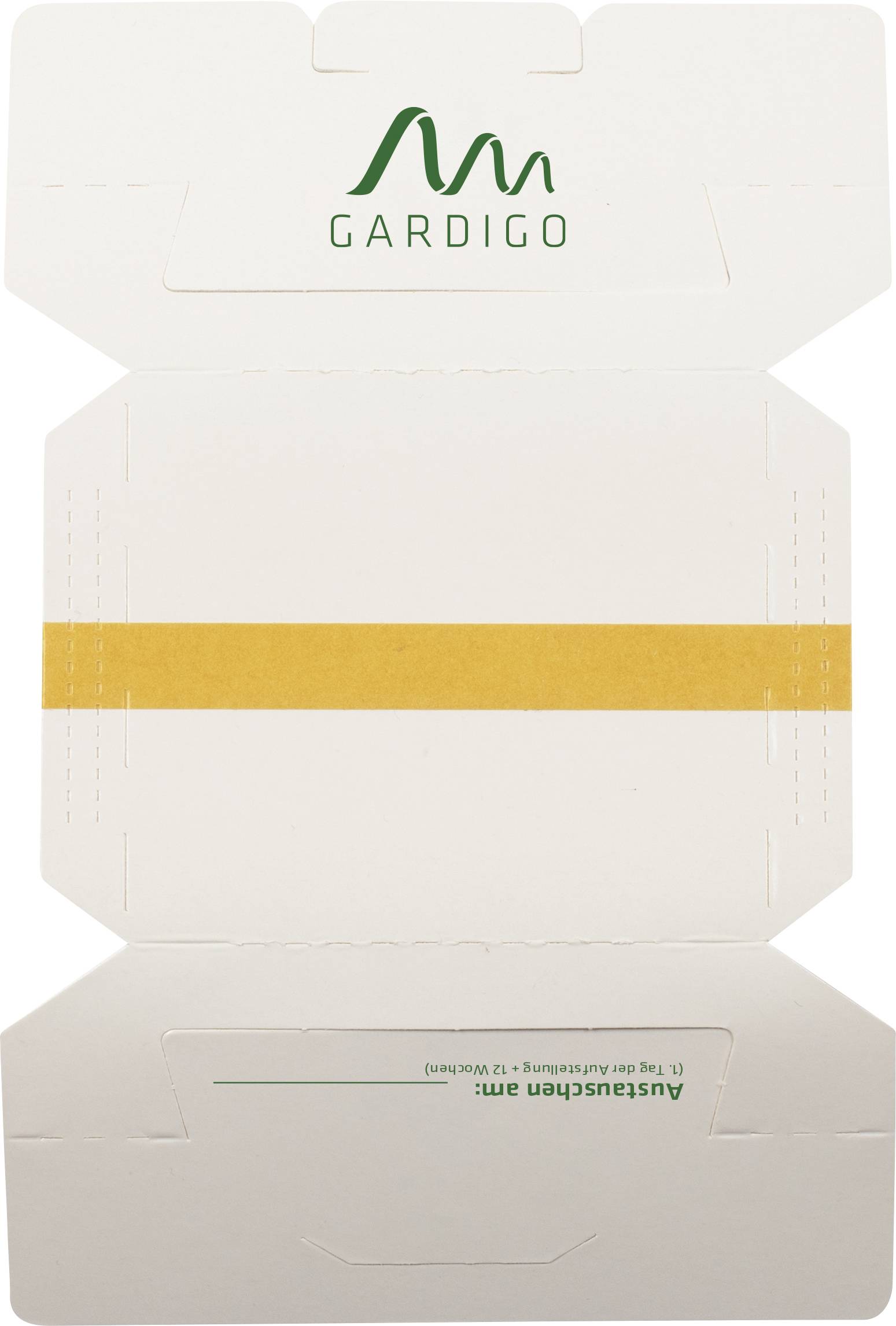 Weiße Verpackung mit grünem Logo und Schriftzug 'GARDIGO' oben. Öffnung und Faltlinien sichtbar. Horizontaler gelber Streifen in der Mitte.
