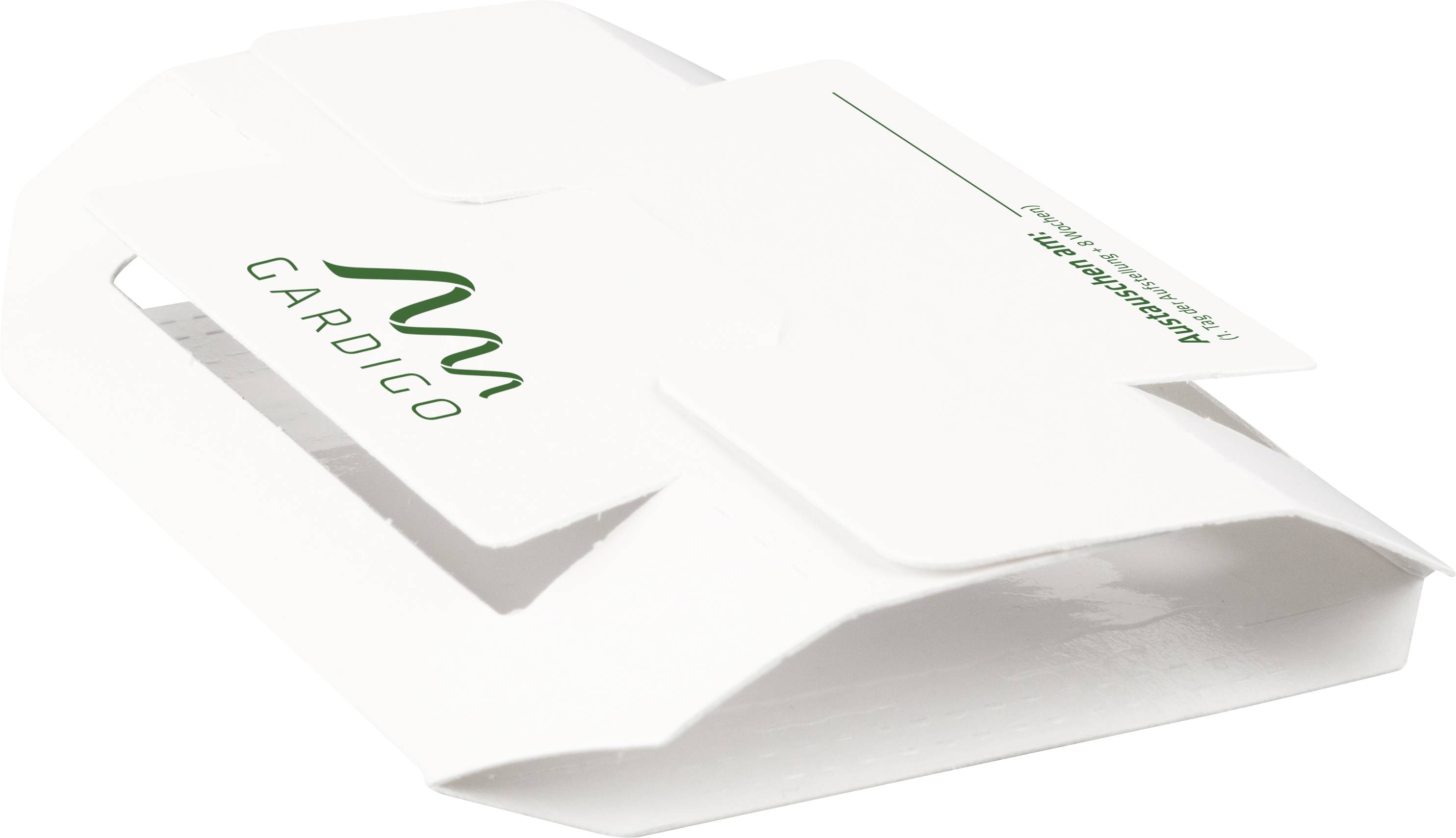 Weiße Papierverpackung mit Gardigo-Logo in Grün.