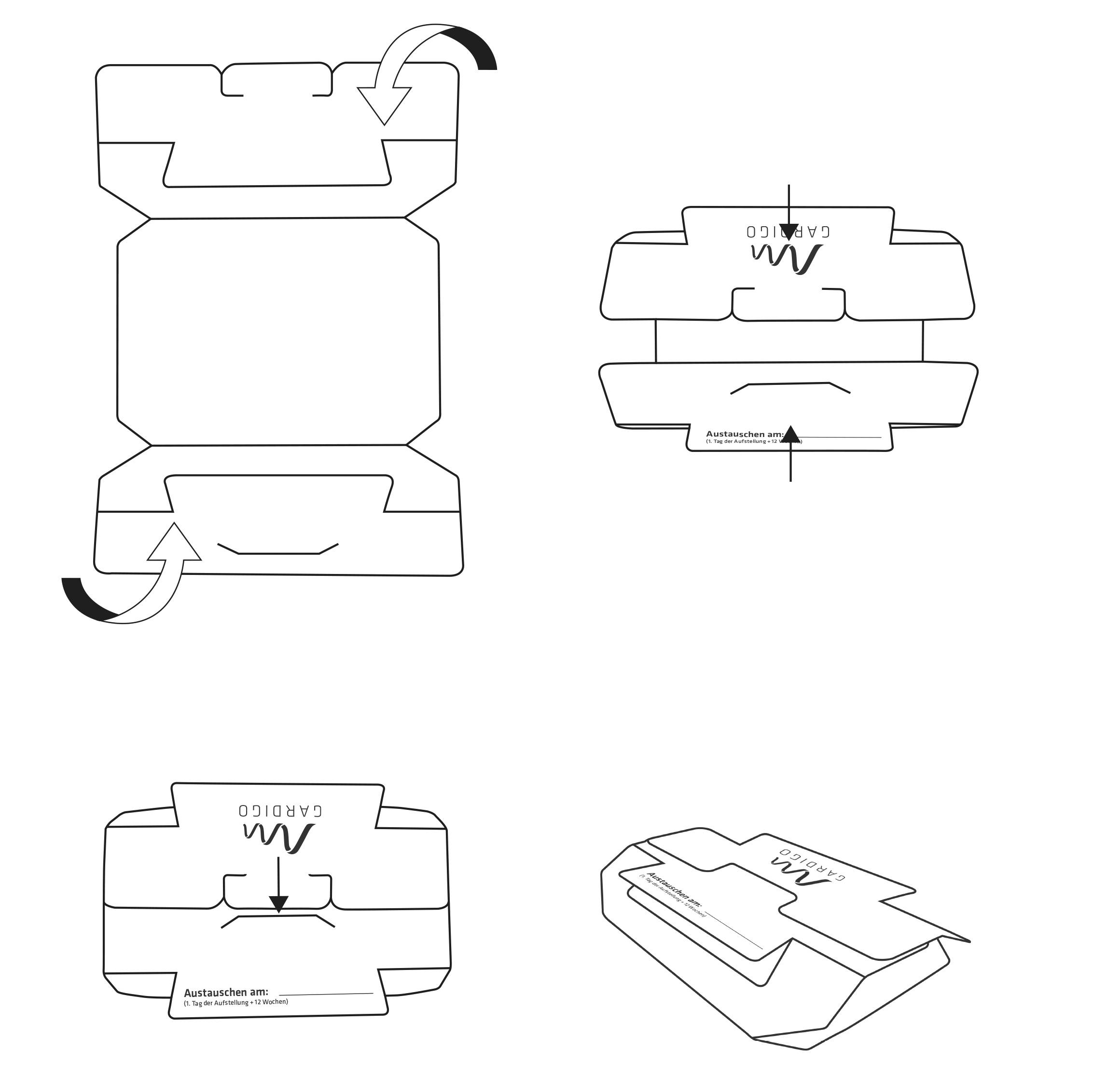 Faltanleitung für eine Verpackung: Die Schritte zeigen, wie man die Kartonlaschen biegt und zusammenfügt, um die Schachtel zu formen.