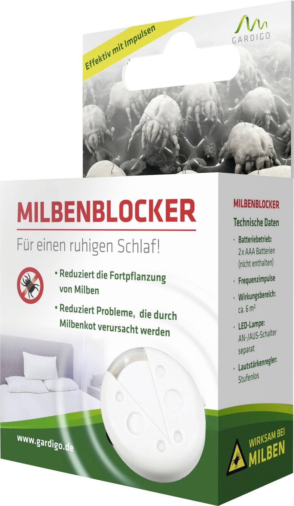 'Milbenblocker'-Verpackung mit Bildern von Milben und Produkt. Text auf der Packung: 'Für einen ruhigen Schlaf! Wirksam bei Milben'.