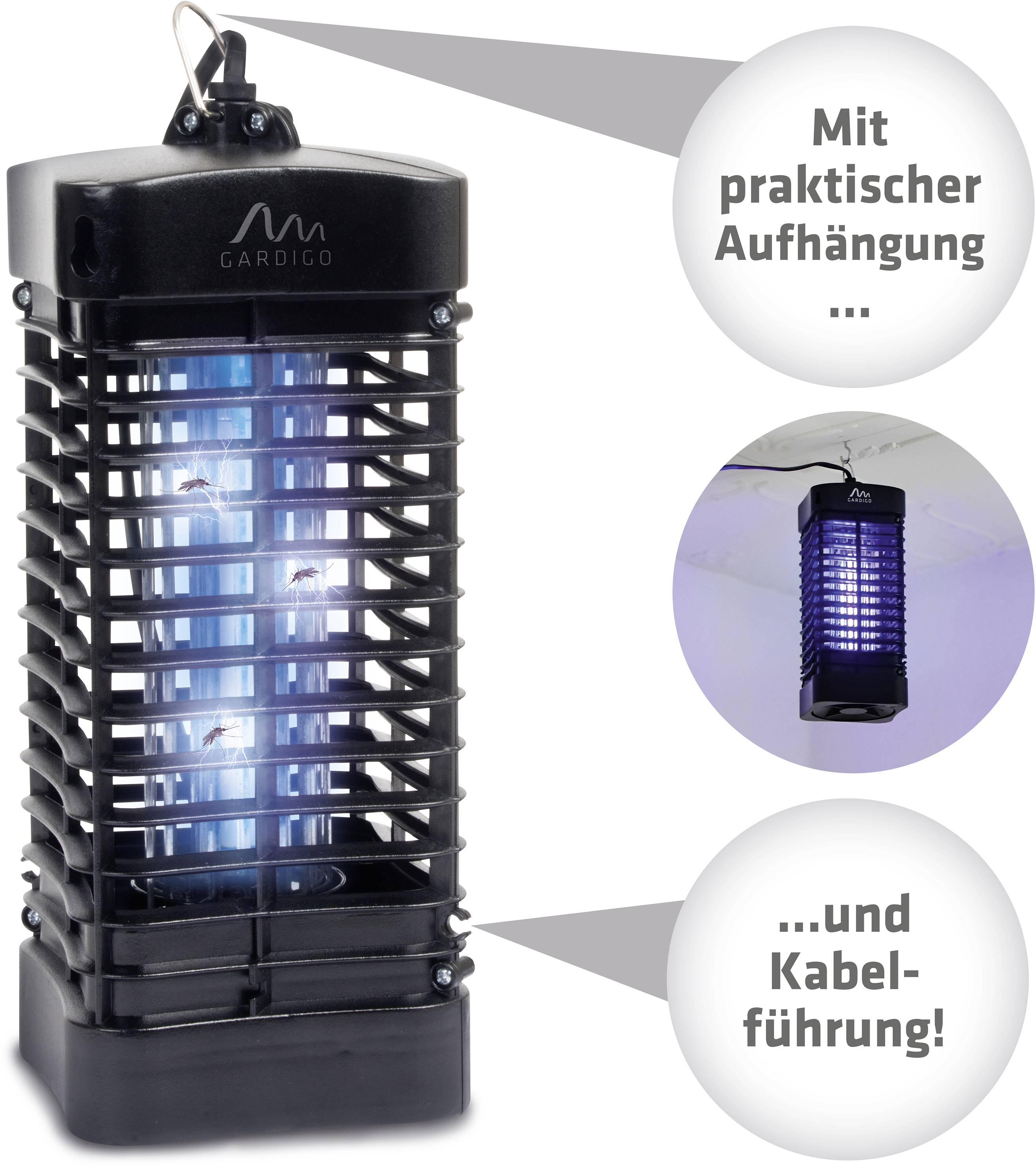 Elektrischer Insektenvernichter mit schützenden Gittern, blauer LED-Lichtquelle und Aufhängung. Geeignet für Innenräume.
