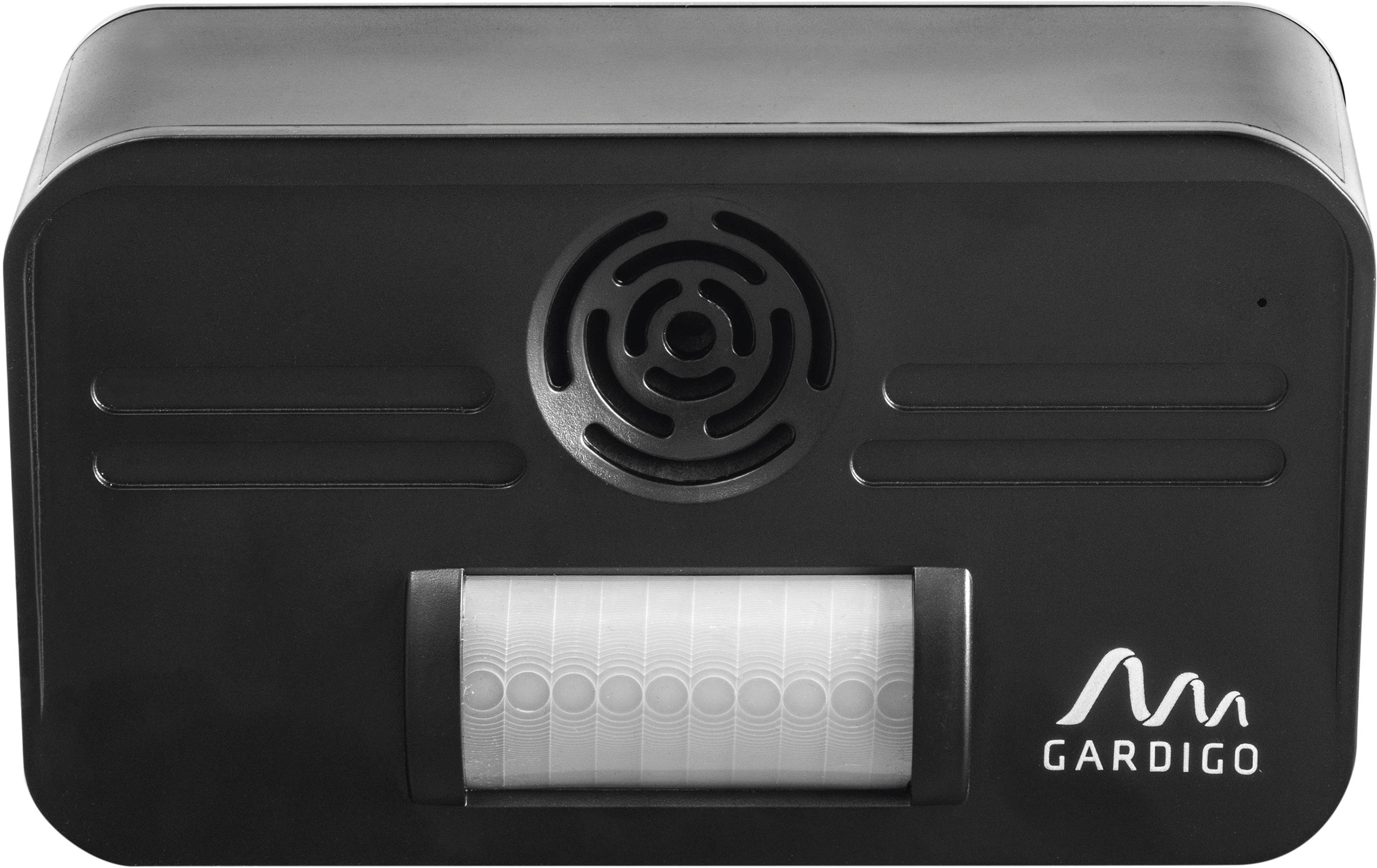 Ein schwarzes Gerät mit Ultraschalllautsprecher und Sensorelement, verwendet zur Abwehr von Tieren. Markenname 'Gardigo' unten rechts.