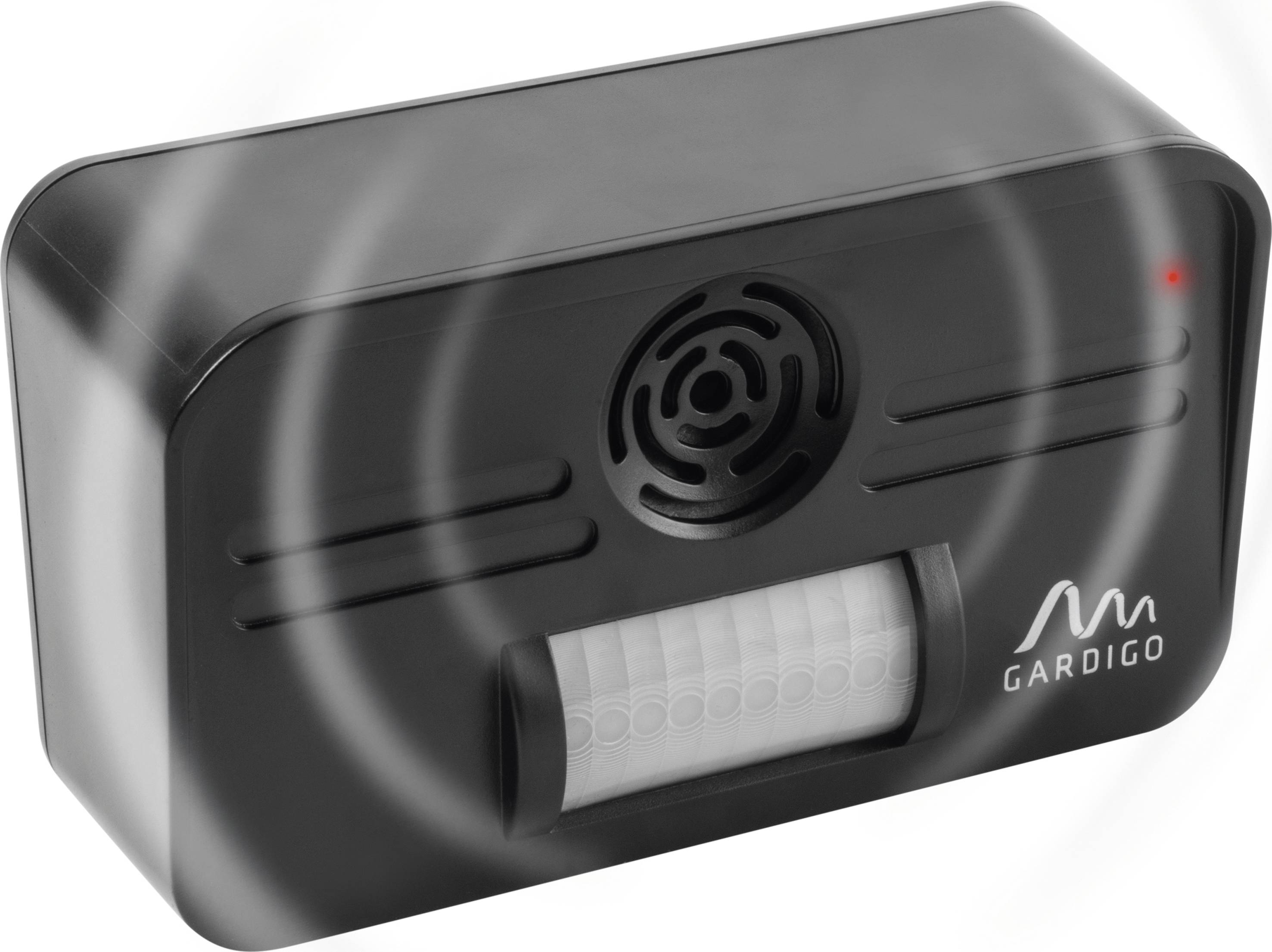 Ein schwarzer, rechteckiger Ultraschall-Tiervertreiber mit Sensor und Gitter an der Vorderseite, mit roter Kontrollleuchte.