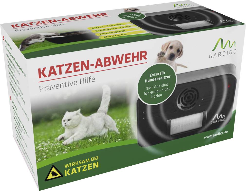 Kartonverpackung für 'Katzen-Abwehr' von Gardigo, zeigt Bild einer Katze, die wegläuft, und ein Ultraschallgerät. Wirksam bei Katzen.