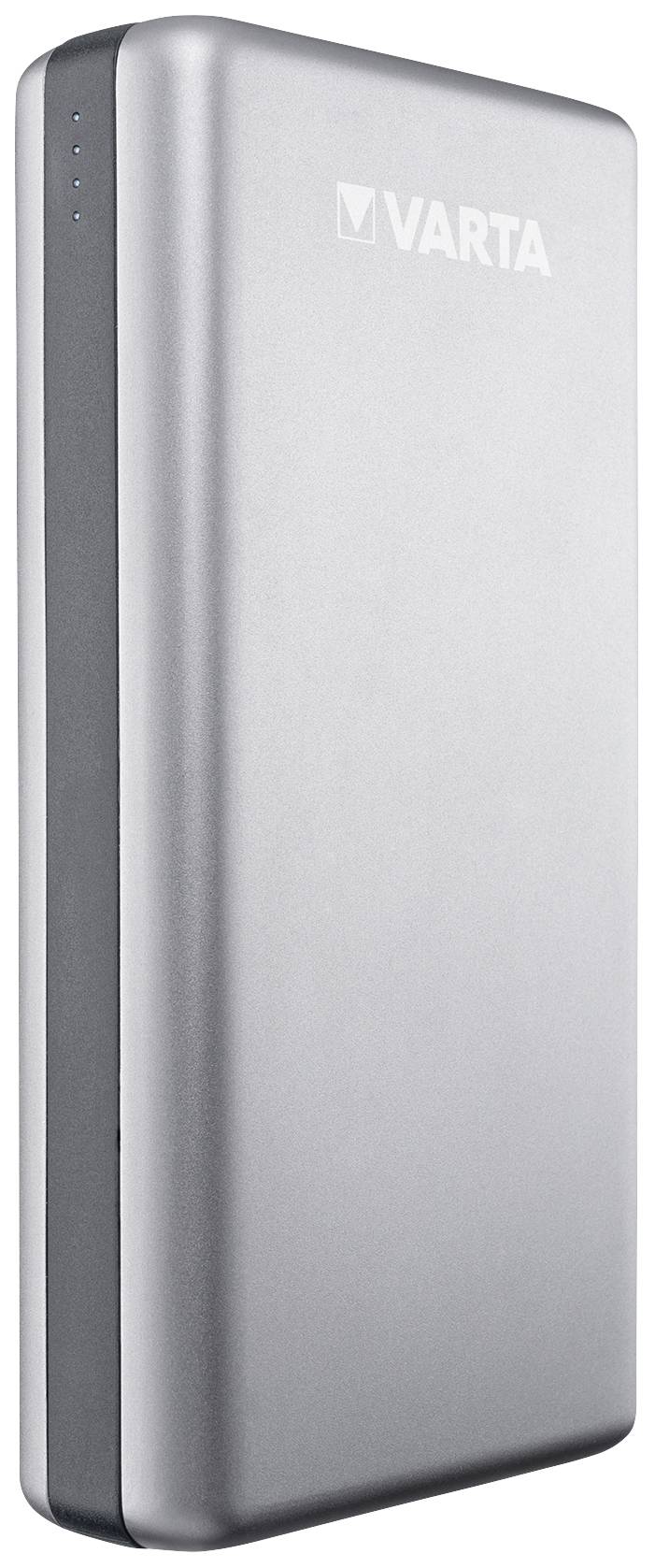 Silberne, rechteckige Powerbank mit VARTA-Logo; schlankes Design, Lichter zur Ladestandsanzeige an der Seite.