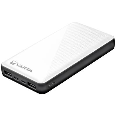 Eine weiße Powerbank mit schwarzen Kanten und zwei USB-Anschlüssen, mit dem Markennamen 'VARTA' auf der Oberfläche.