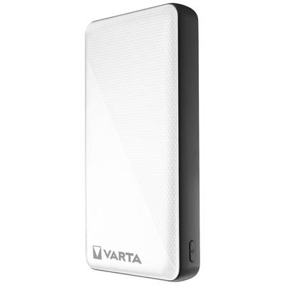 Externer Akku in Weiß mit grauer Umrandung, Marke 'Varta', ideal zum Aufladen von mobilen Geräten unterwegs.