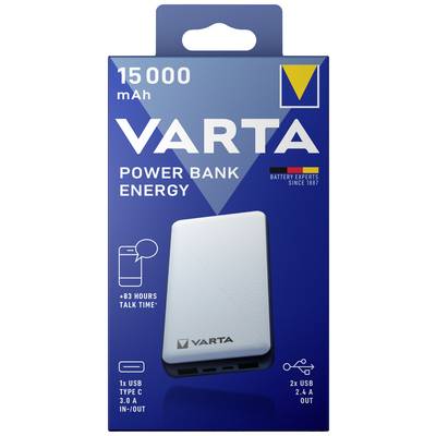 Blaue Verpackung einer VARTA Power Bank mit 15000 mAh. Verspricht '*83 Stunden Gesprächszeit*'. Enthält USB Typ-C und zwei USB-A Anschlüsse.