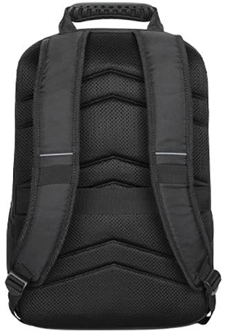 Schwarzer Rucksack, Rückseite sichtbar mit gepolsterten Schultergurten und Tragegriff oben.