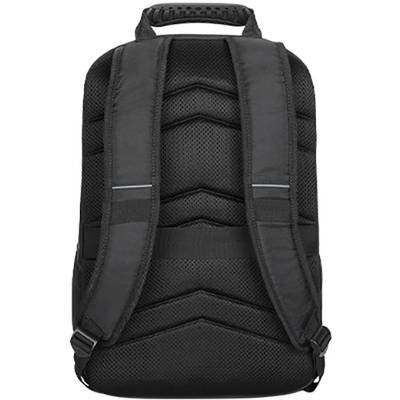 Schwarzer Rucksack, Rückseite sichtbar mit gepolsterten Schultergurten und Tragegriff oben.
