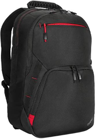 Schwarzer Rucksack mit roten Akzenten und mehreren Fächern, geeignet für Laptops und alltäglichen Gebrauch.