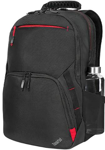 Schwarzer Rucksack mit roten Akzenten und mehreren Fächern; seitlich eine Wasserflasche in einer Mesh-Tasche.