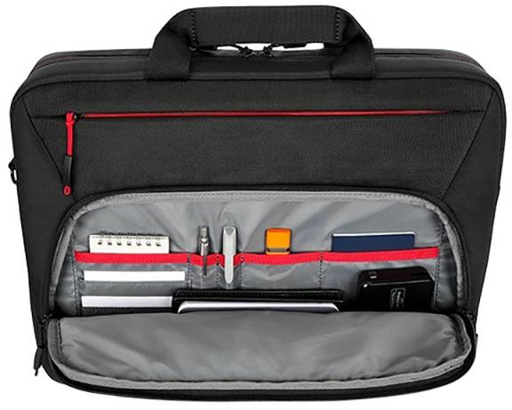 Schwarze Laptop-Tasche mit offenem Fach, das mehrere Stifte, Notizblock, Smartphone und Ladegerät organisiert zeigt.