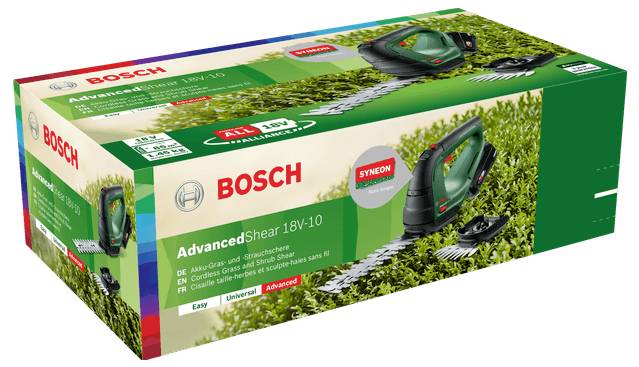 'Bosch AdvancedShear 18V-10' Verpackung zeigt Akku-Gras- und Strauchschere mit Zubehör auf einem grünen Hintergrund.