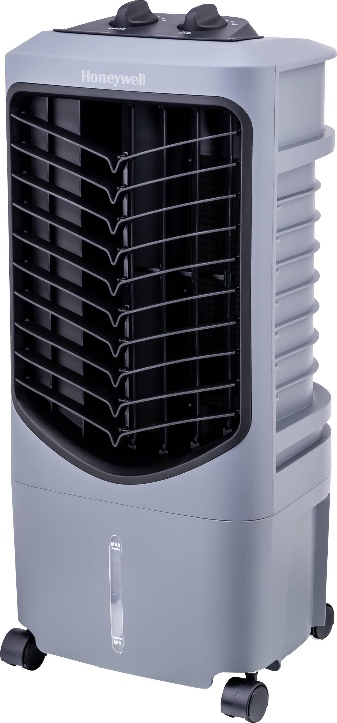 Ein tragbarer Luftkühler von Honeywell mit Rädern, geeignet für die Kühlung von Innenräumen. Das Design ist modern und funktional.