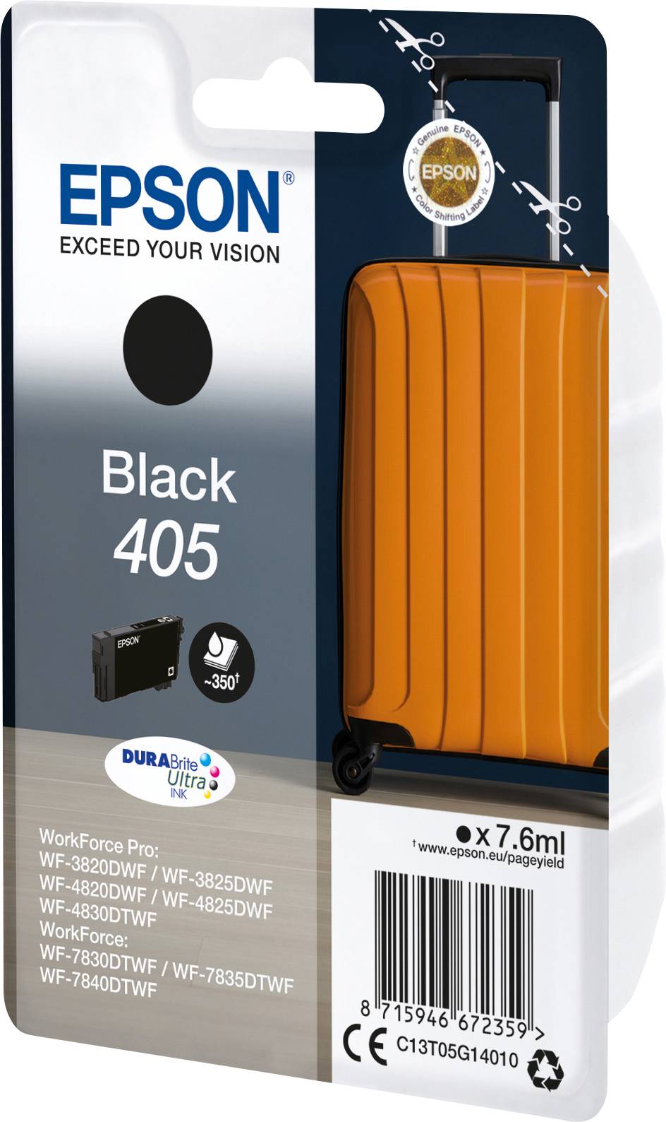 'EPSON', Black 405 Tintenpatrone, 350° Seiten, kompatibel mit WorkForce-Modellen, orangefarbener Kofferabbildung auf Verpackung.