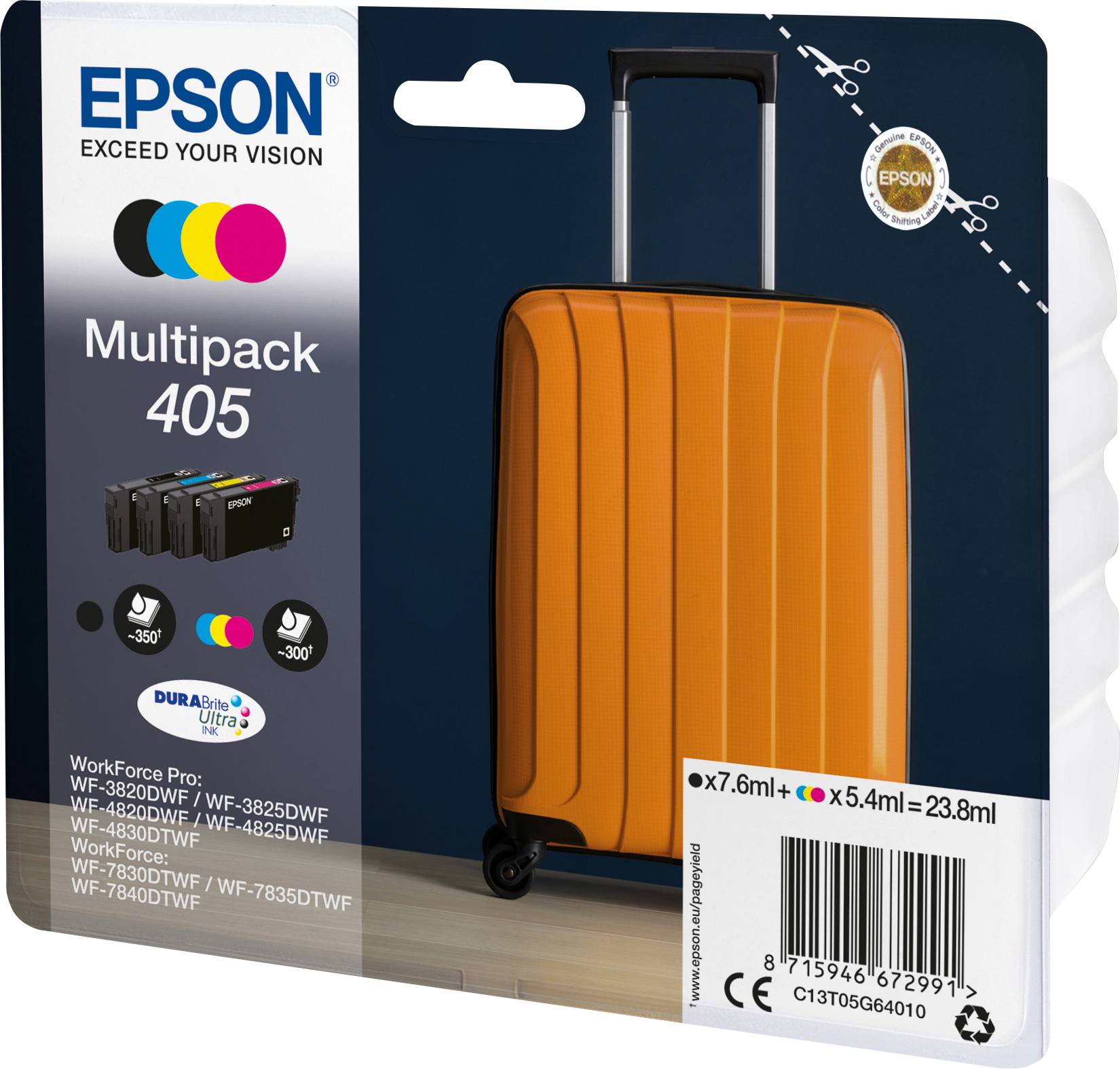 Eine Verpackung mit Epson Druckerpatronen Multipack 405. Im Hintergrund ist ein orangefarbener Koffer abgebildet.