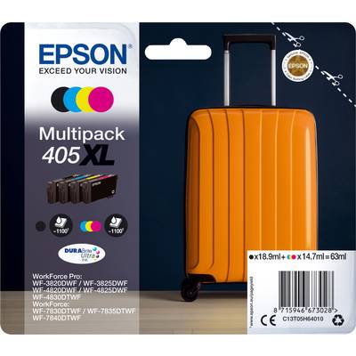 Verpackung von Epson Druckerpatronen, Modell 405XL Multipack. Enthält vier Patronen. Abgebildet ist ein orangefarbener Koffer.