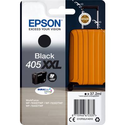 Epson Tintenpatrone 405XXL in Schwarz. Verpackung zeigt ein orangefarbenen Koffer. Kompatibel mit Modellen WF-7830DWF, WF-7835DTWF, WF-7840DTWF.