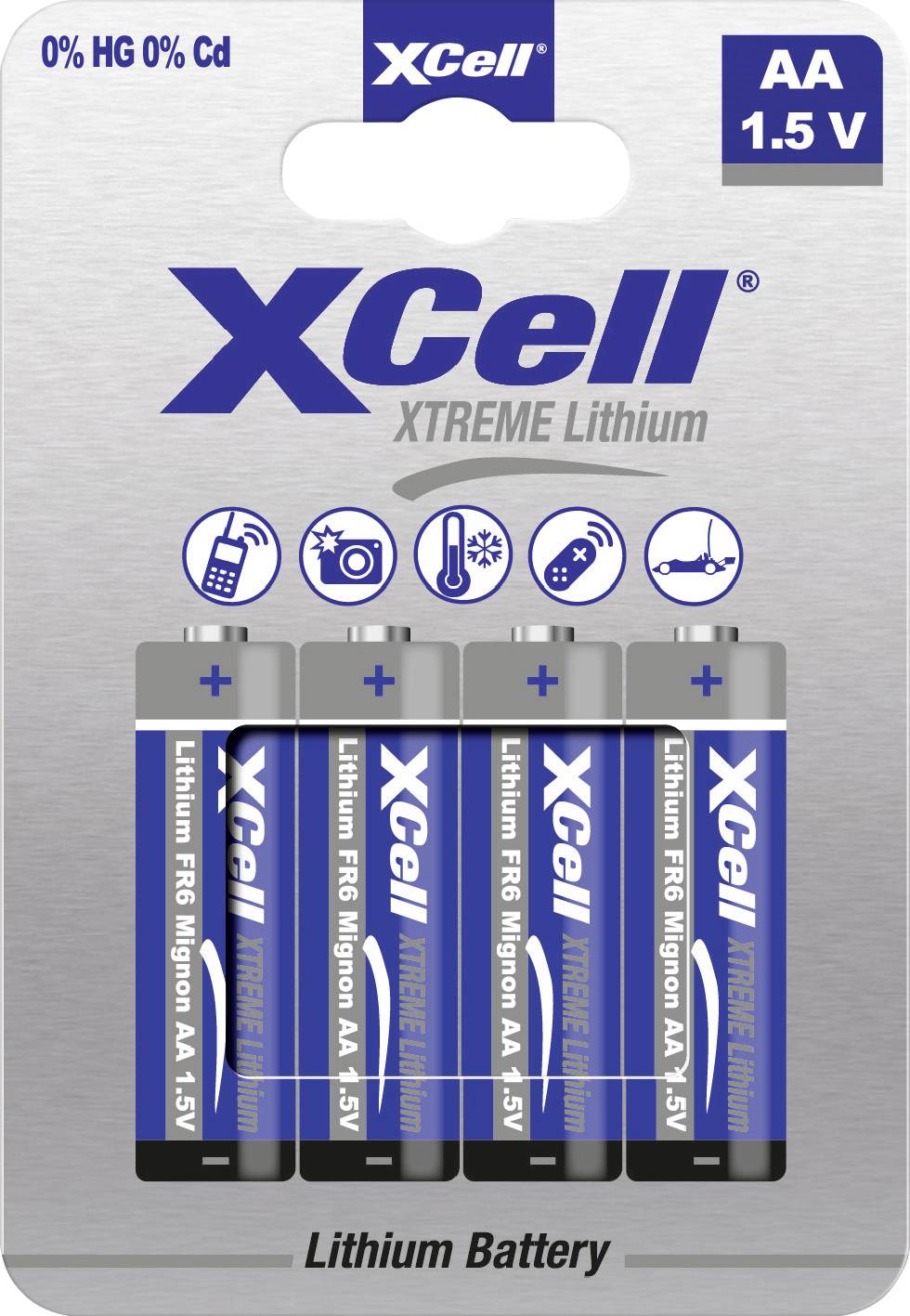 Fünf XCell XTREME Lithium AA 1.5V Batterien in einer Verpackung, geeignet für Kameras, Spielzeug, Taschenlampen und Fernbedienungen.
