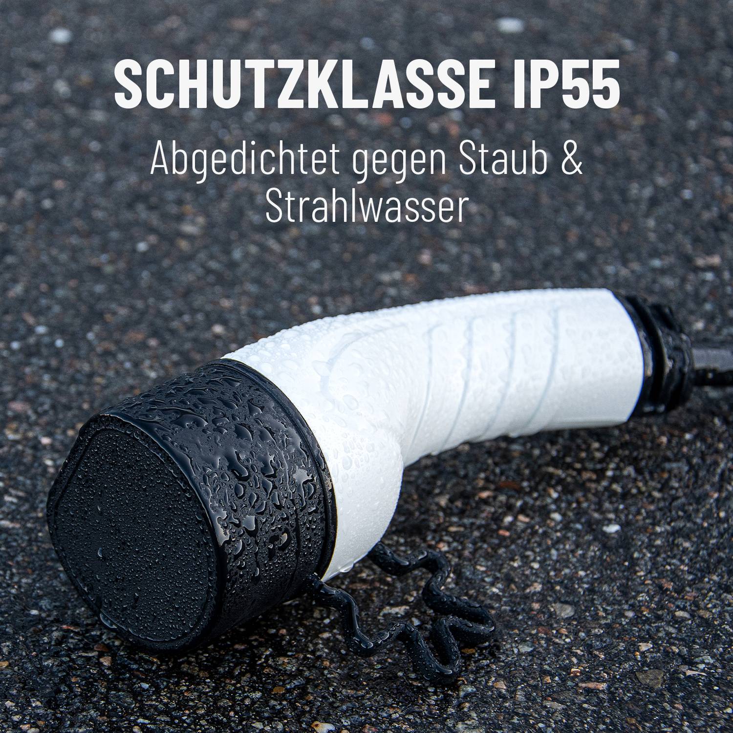 Handbrause mit Wassertröpfchen, Text: 'Schutzklasse IP55 - Abgedichtet gegen Staub & Strahlwasser'.