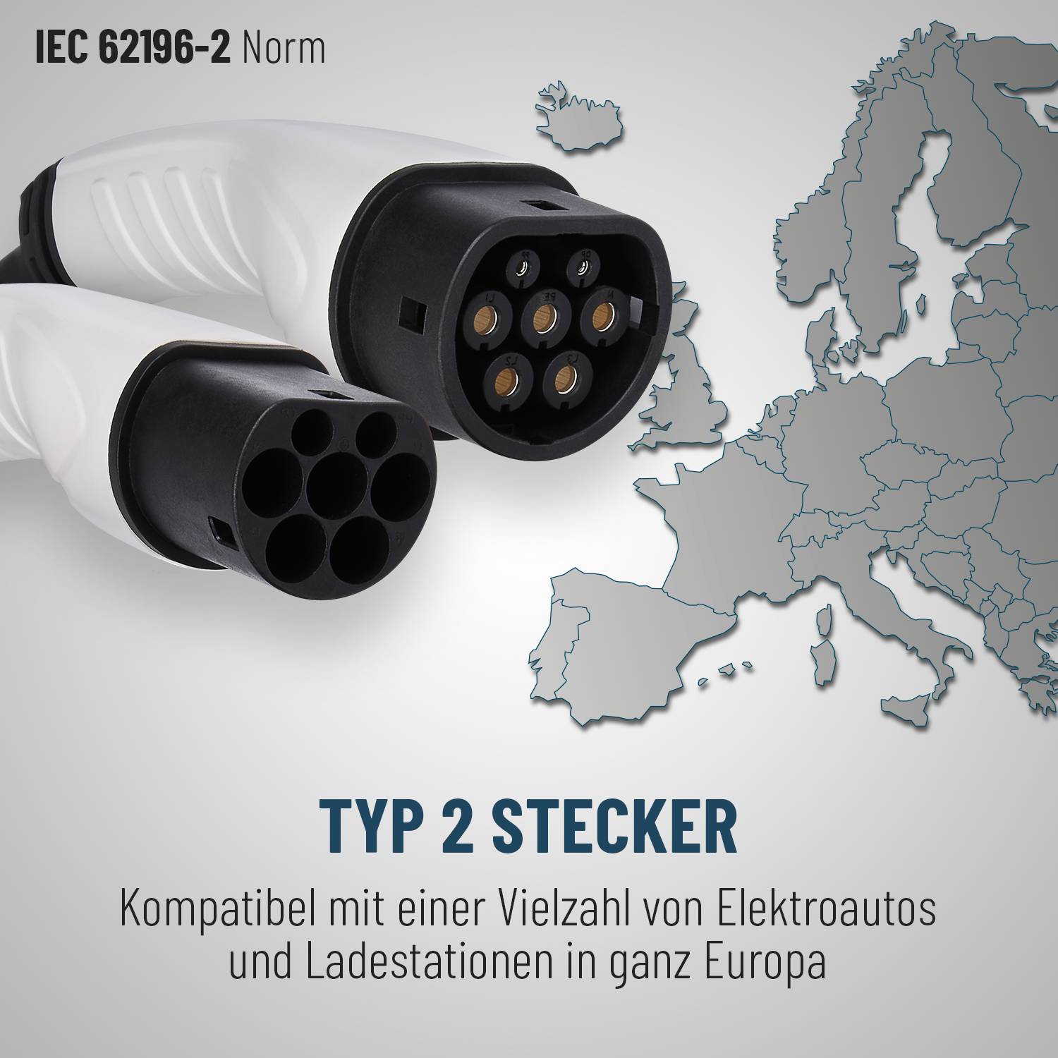 'Typ 2-Stecker vor einer Europakarte, kompatibel mit vielen Elektroautos und Ladestationen in Europa gemäß IEC 62196-2 Norm.'